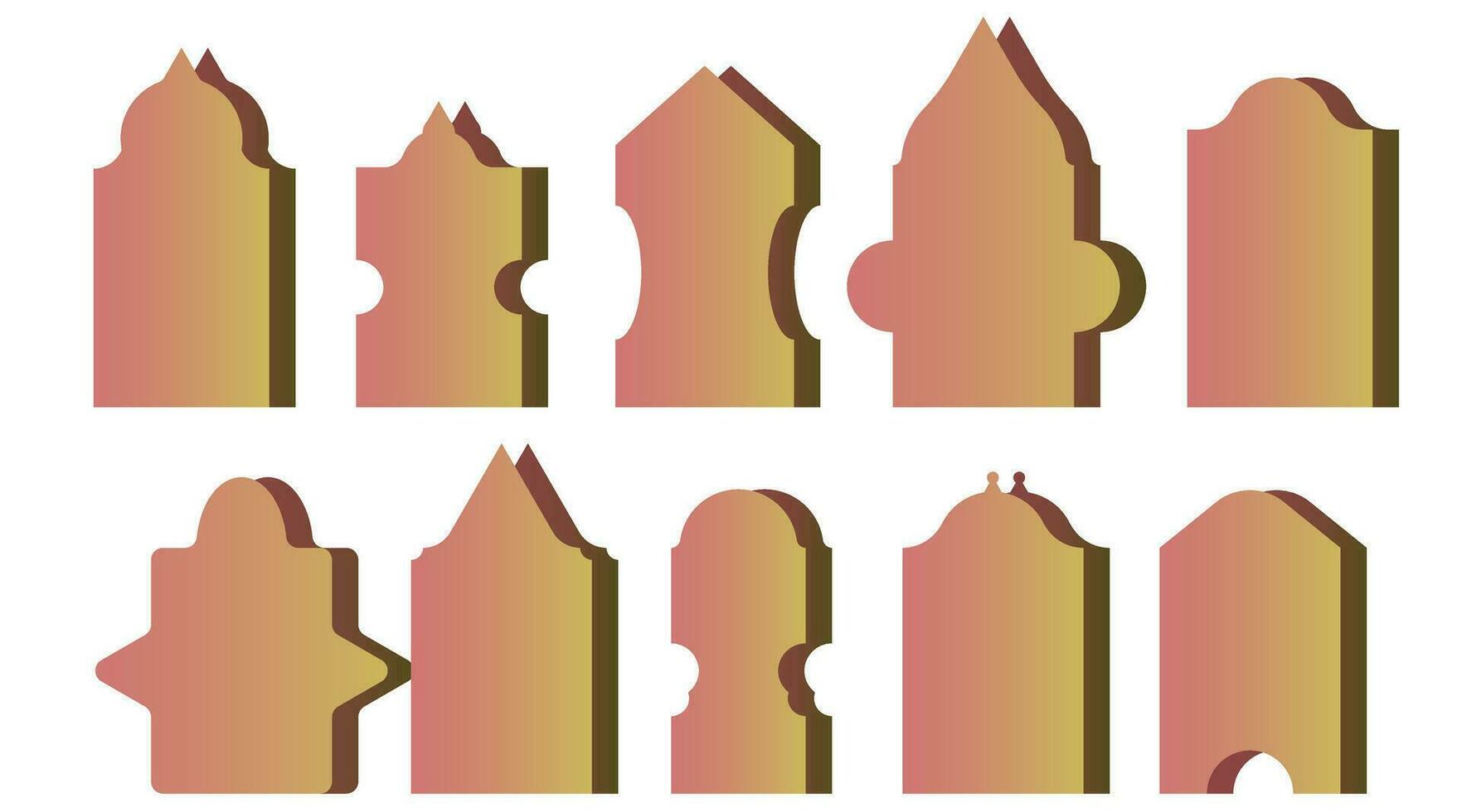 Rose Gold Islamic turkish door and window silhouette, set of Arabic arch and frames vector