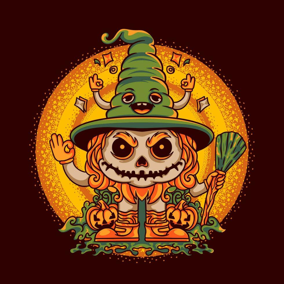 Little witch wearing a happy magic hat Illustration for merchandise, apparel, or other vector