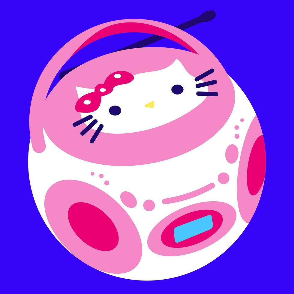 Tape recorder from 2000s with Hello Kitty on blue background. vector