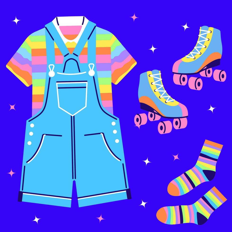 Collection of colorful 90s 2000s style clothing. vector
