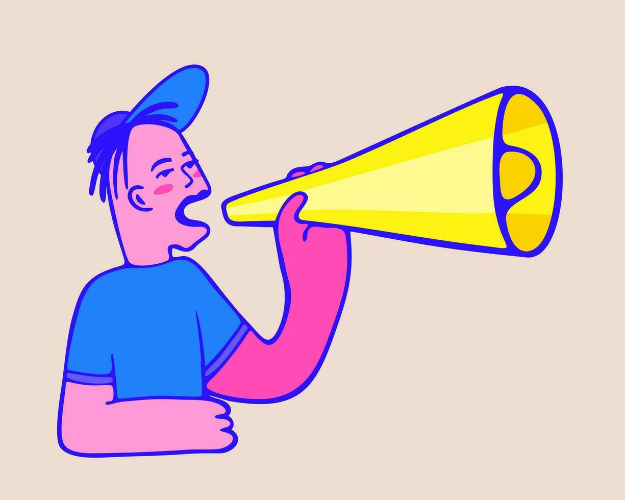 Young man in cap and t-shirt shouting into megaphone vector