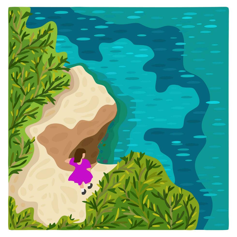 Seascape top view. Vector illustration with sea and mountain surrounded with blooming trees