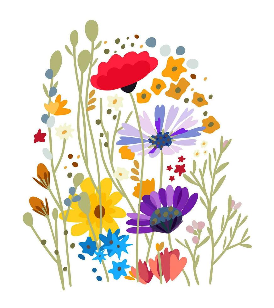 Wildflowers. Soft floral bouquet. Summer fiield. Vector isolated illustration