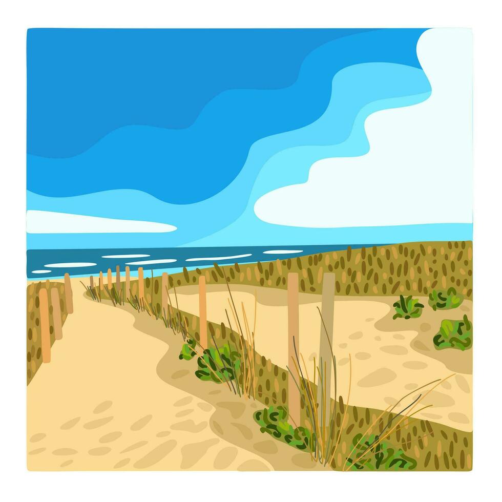 Sandy seashore. Summer vacations. Way to the sea. Vector illustration