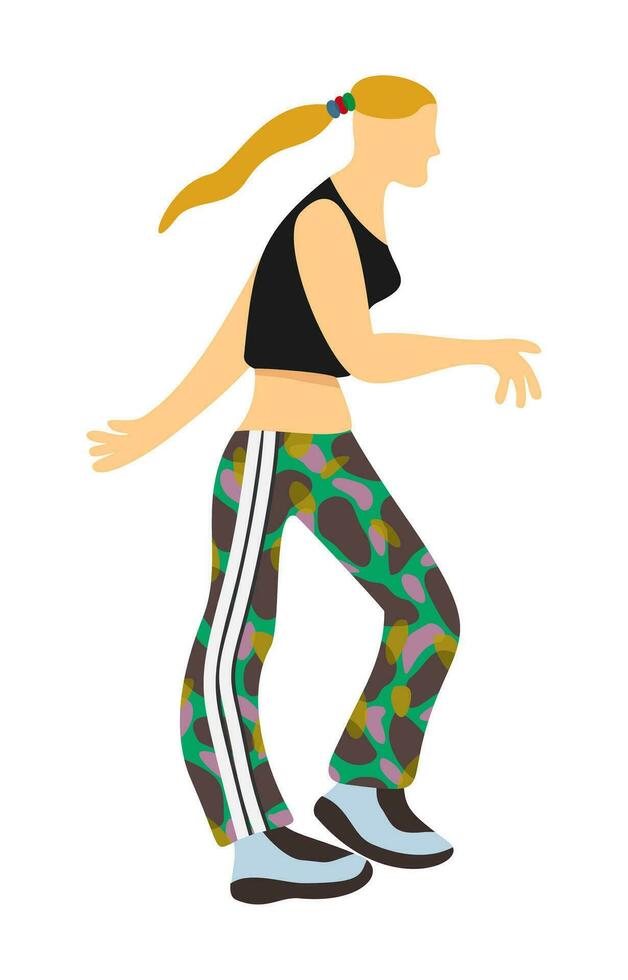 charlatán niña bailando hakkuh bailar. Gabba estilo. niña con afeitado cabeza y cola de caballo peinado en brillante pantalones deportivos y zapatillas. vector aislado ilustración.