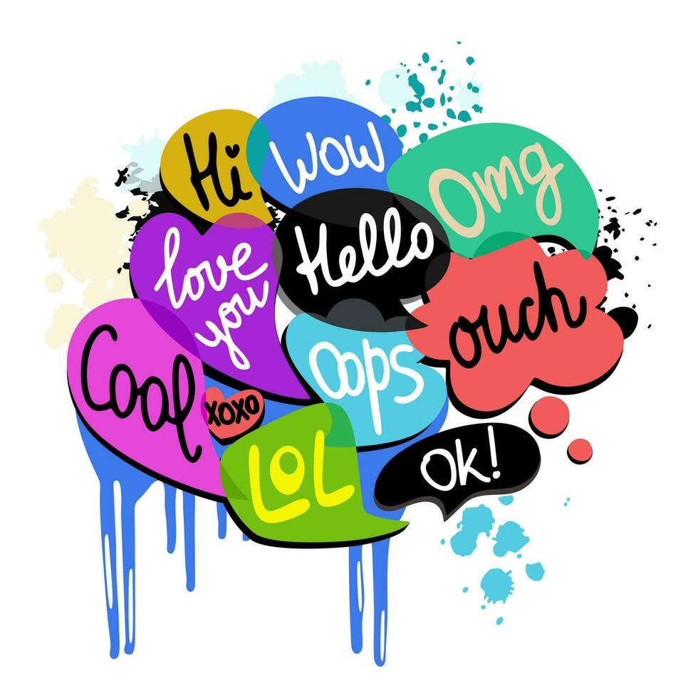 Colorful set of speech bubbles with dialog words, hi, wow, love you, hello, omg, cool, xoxo, lol, oops, ouch, ok. Vector illustration in graffiti style