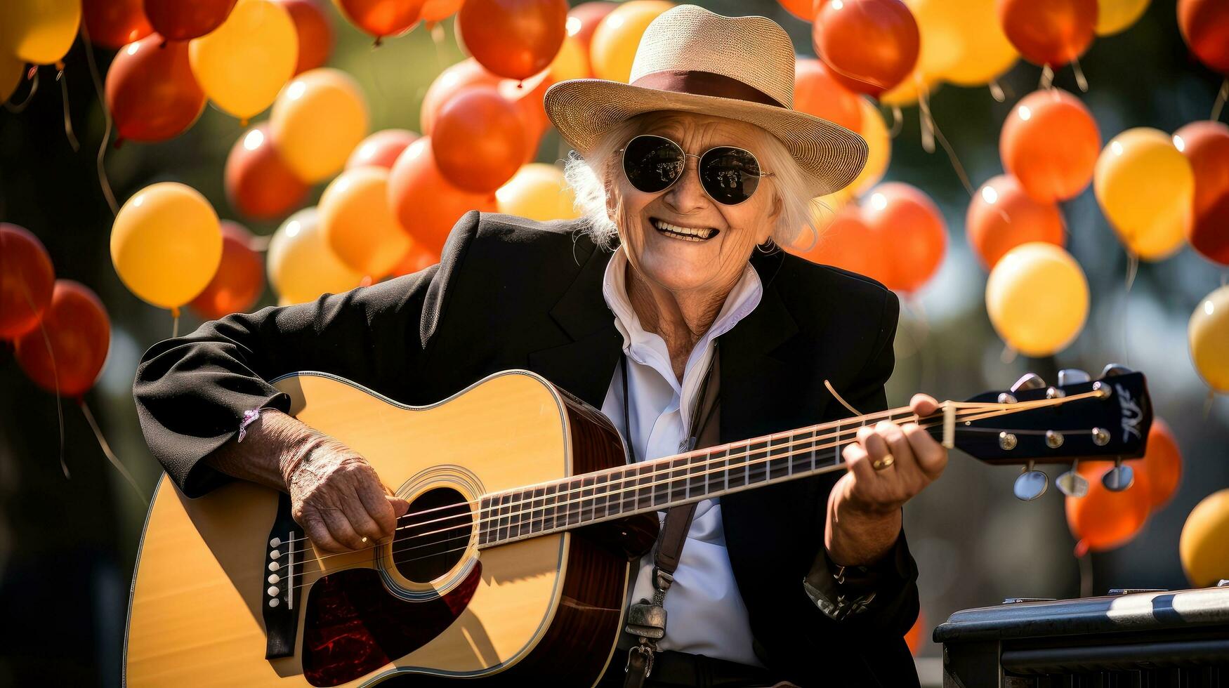 Dreamy middle aged senior loving retired family couple, play guitar with blurred background, Generative AI illustration photo