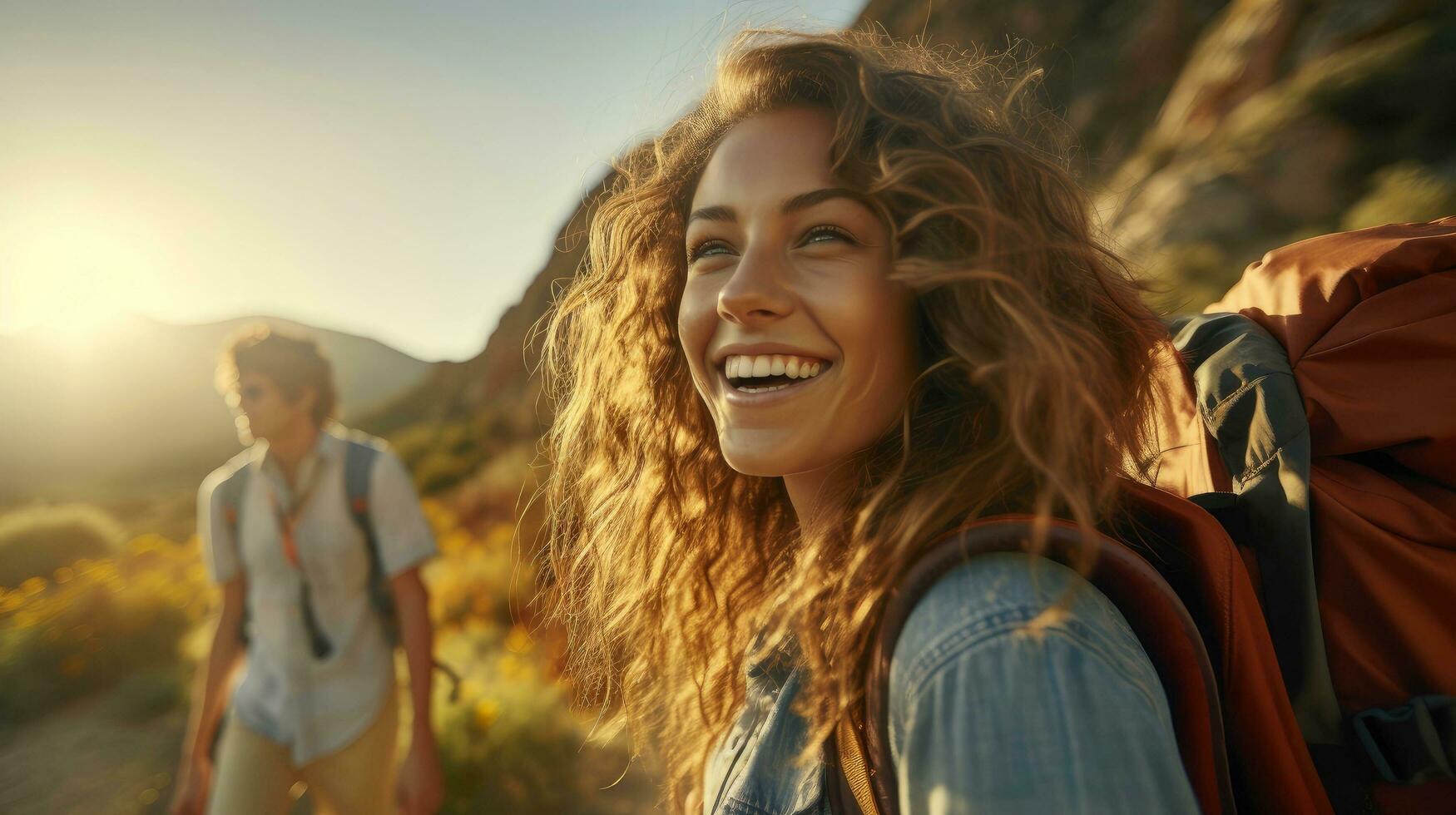 Group of happy friends and laughing, tourism, travel, people sharing good and positive mood, backpack camping hiking journey travel trek concept, with blurred background, Generative AI illustration photo