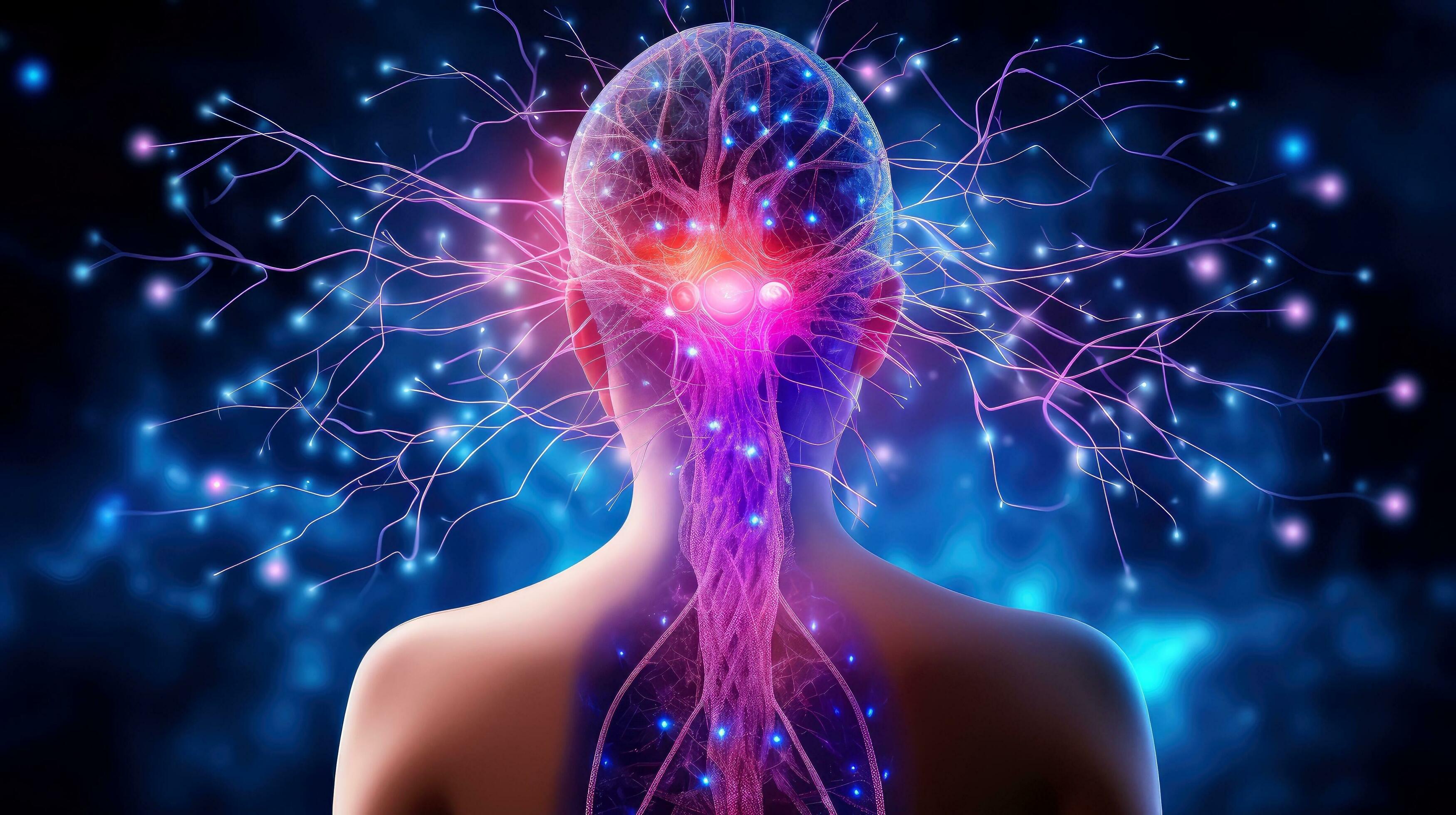 Illustration of thought energy . Head of person and neural network of