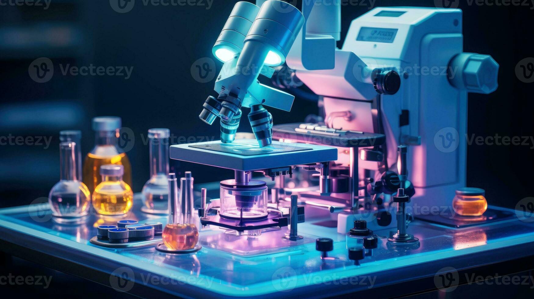 Close-up shot of microscope with metal lens at laboratory. Microscope on the table with chemical tube and glassware in laboratory, Science research technology, Generative AI illustration photo