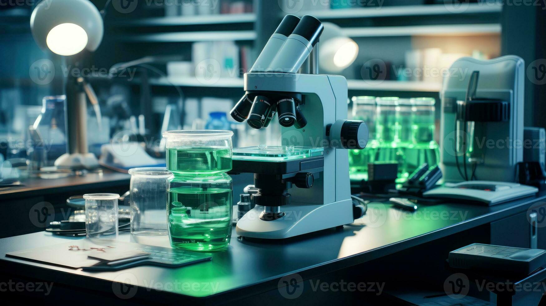 Close-up shot of microscope with metal lens at laboratory. Microscope on the table with chemical tube and glassware in laboratory, Science research technology, Generative AI illustration photo