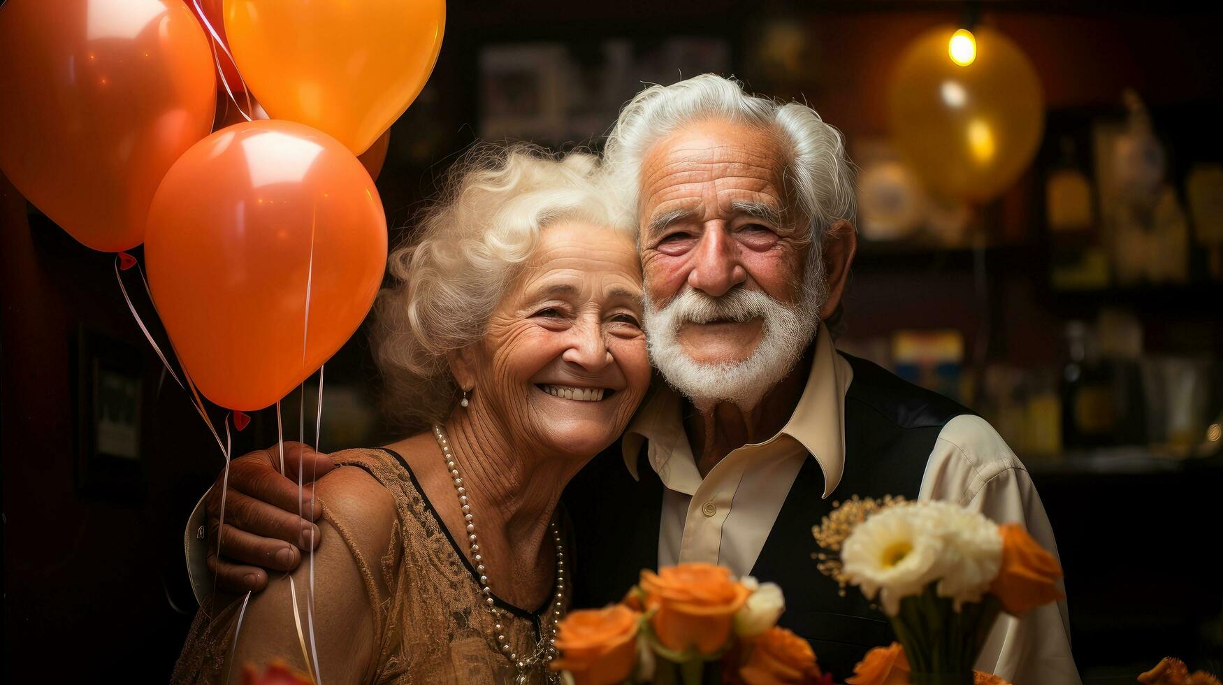 Dreamy middle aged senior loving retired family couple, enjoying peaceful moment relaxing together, with blurred background, Generative AI illustration photo