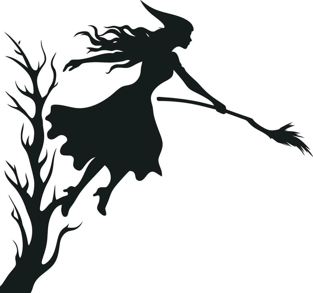 vector hermosa bruja. volador bruja con escoba. negro bruja silhoutte con árbol vector ilustración en blanco antecedentes.
