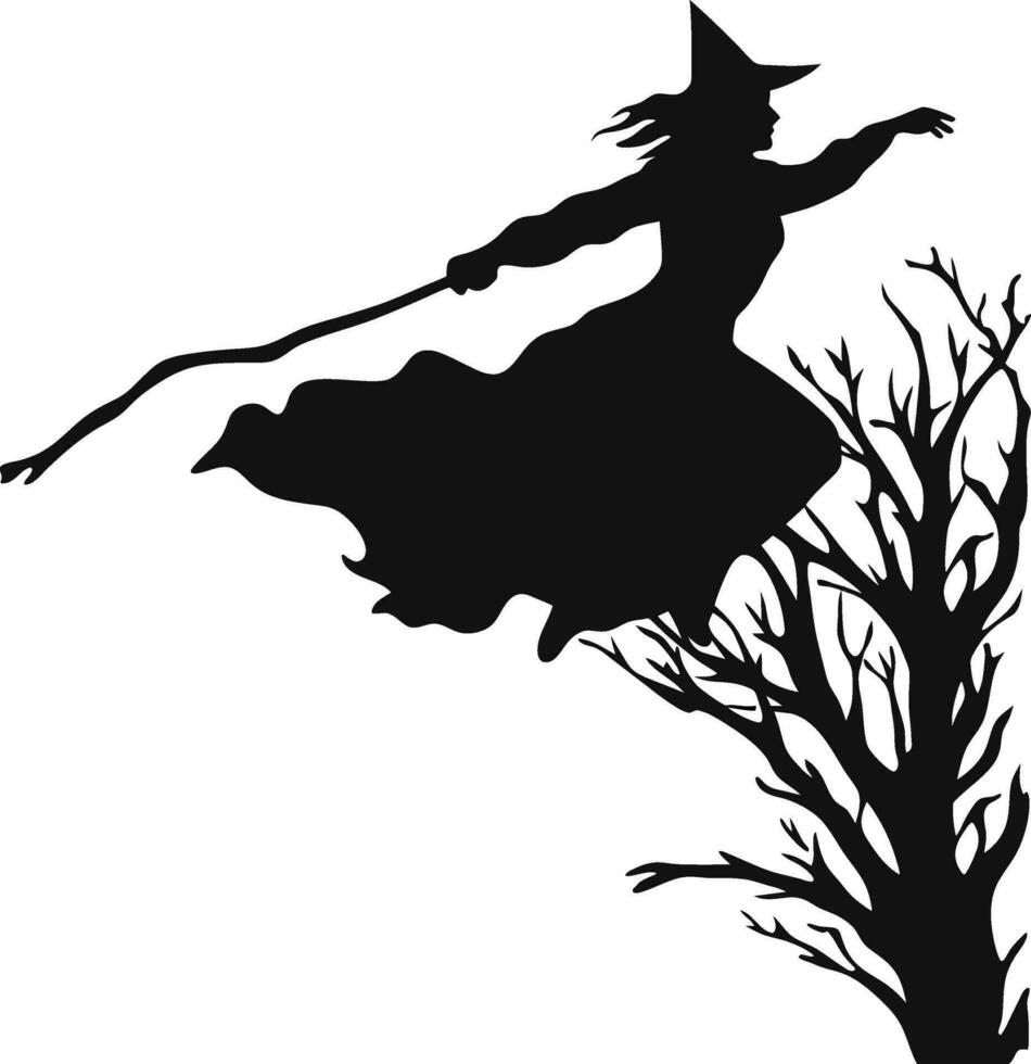 vector beautiful witch. flying witch with broom. black witch silhoutte vector illustration on white background.