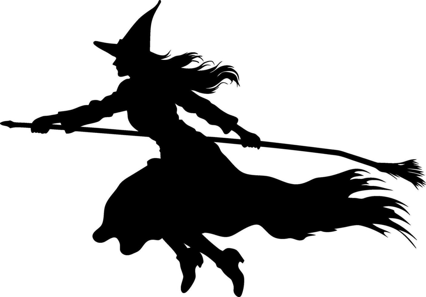 vector beautiful witch. flying witch with broom. black witch silhoutte vector illustration on white background.