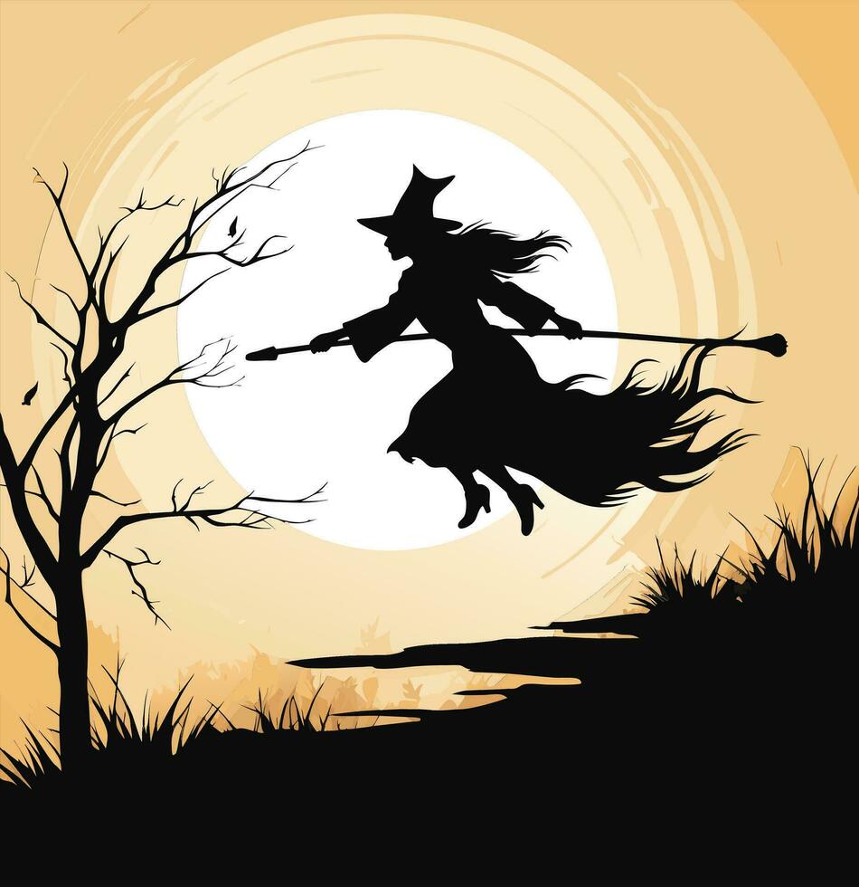 vector beautiful witch. flying witch with broom. black witch silhoutte vector illustration on yellow moon background.