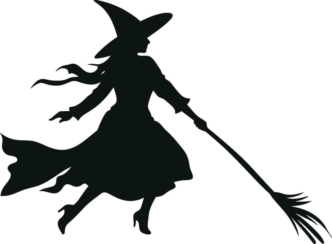 vector beautiful witch. flying witch with broom. black witch silhoutte vector illustration on white background.