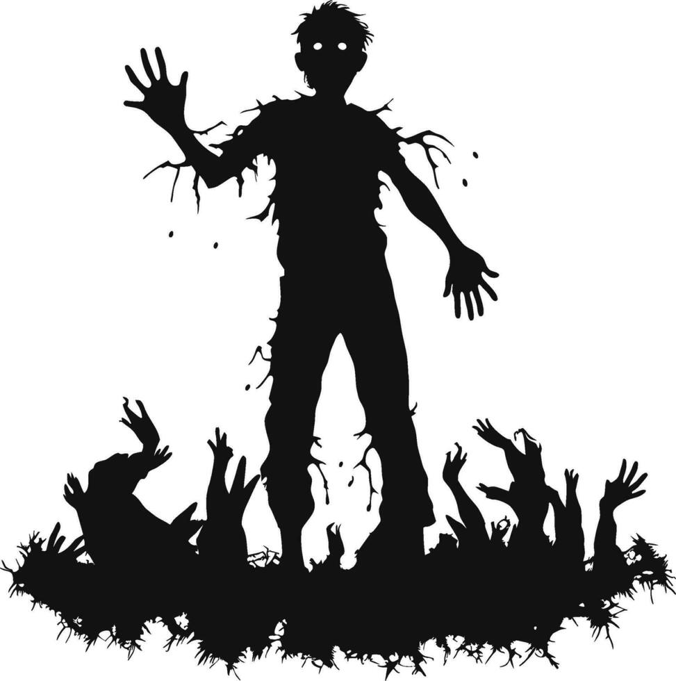 vector standing zombie with creepy face. halloween zombie with dark hollow. monster with scary face and raising hands vector illustration on white background.