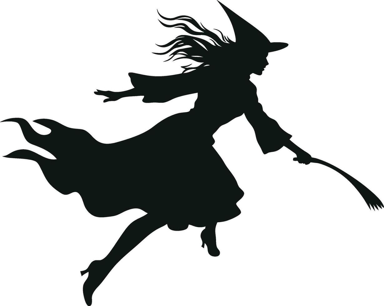 vector beautiful witch. flying witch with broom. black witch silhoutte vector illustration on white background.