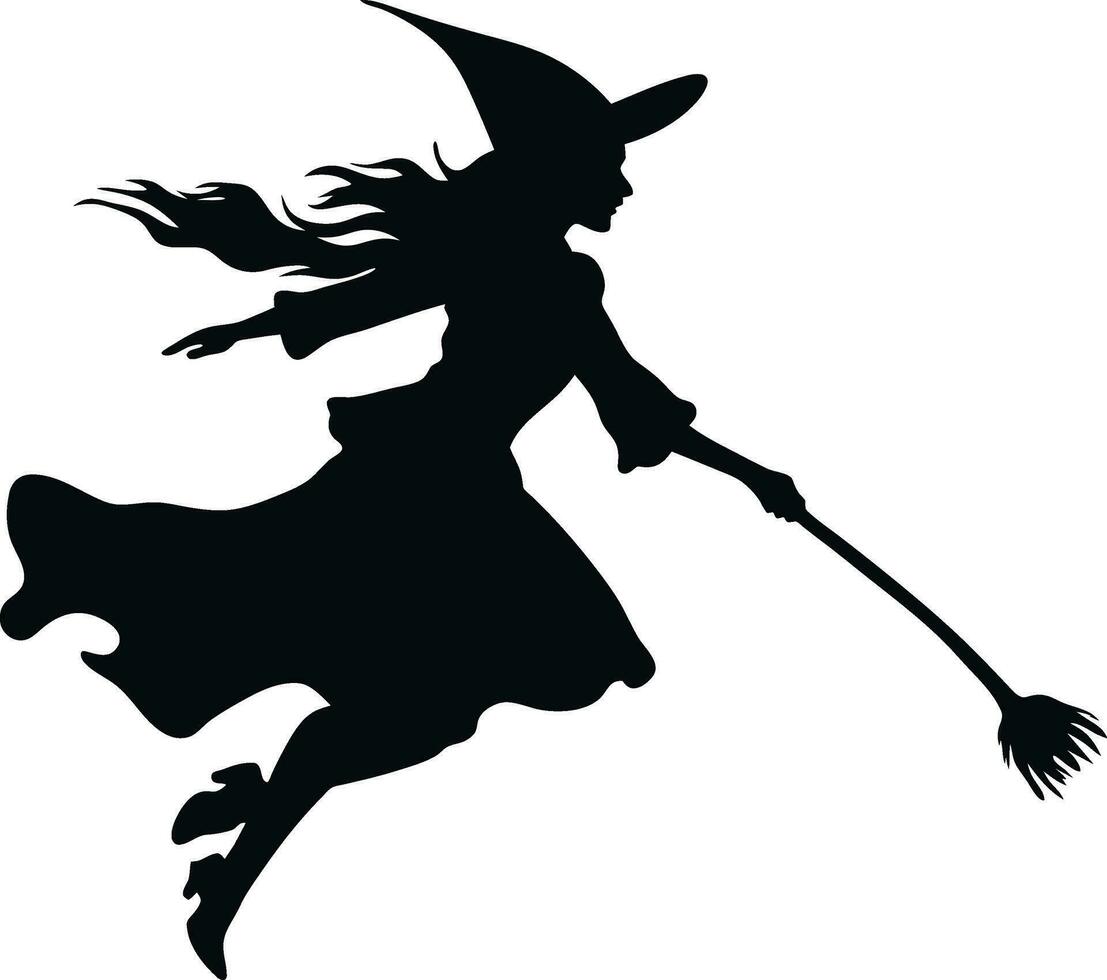 vector beautiful witch. flying witch with broom. black witch silhoutte vector illustration on white background.