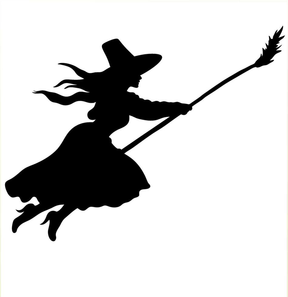 vector beautiful witch. flying witch with broom. black witch silhoutte vector illustration on white background.