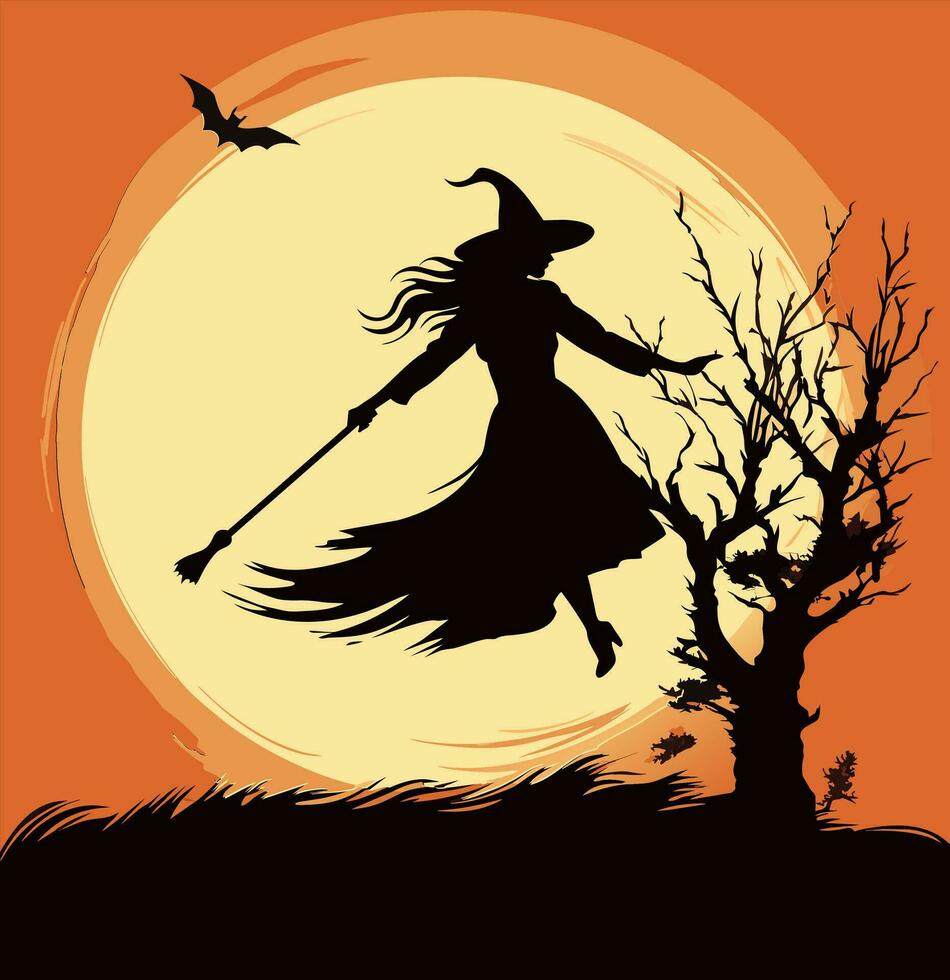 vector beautiful witch. flying witch with broom. black witch silhoutte vector illustration on yellow moon background.