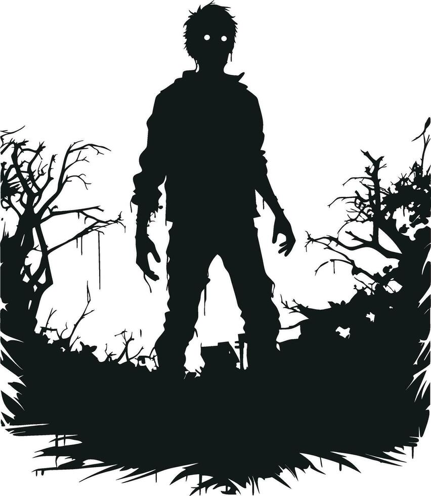 vector zombie walking out from grave. standing zombie and raising hands. standing zombie with tree vector illustration on white background.