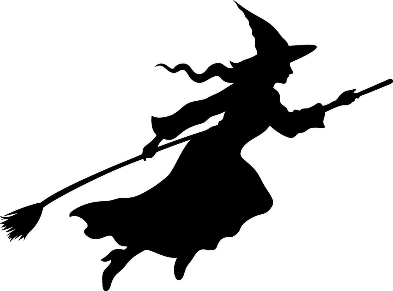 vector beautiful witch. flying witch with broom. black witch silhoutte vector illustration on white background.