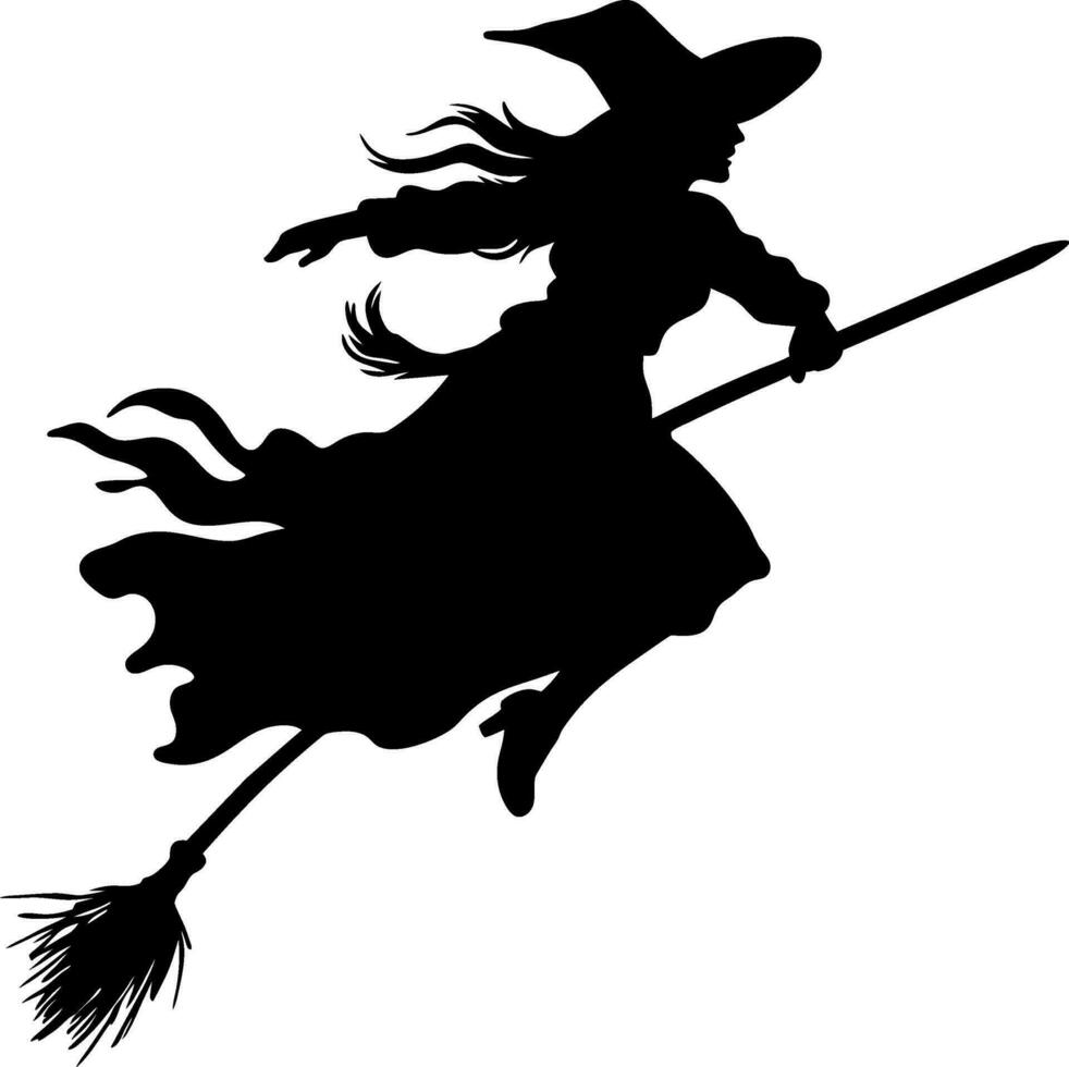 vector beautiful witch. flying witch with broom. black witch silhoutte vector illustration on white background.