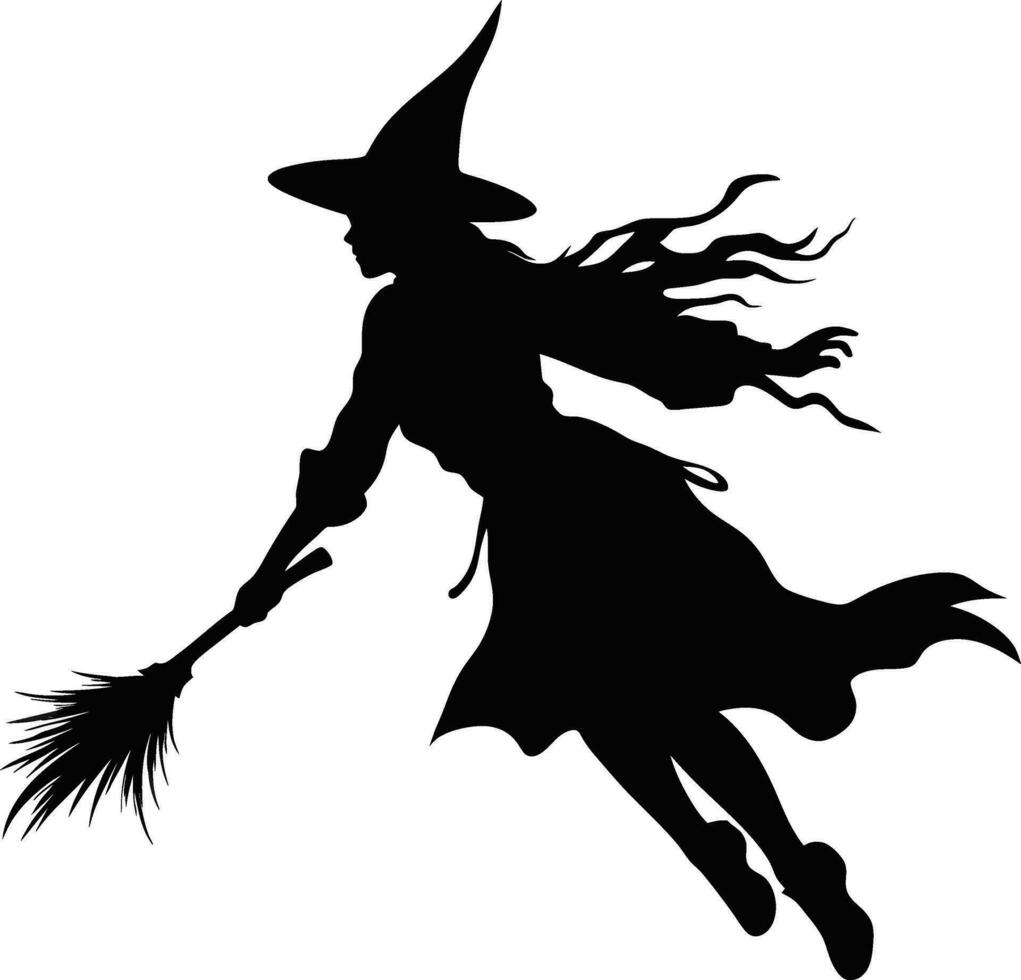 vector beautiful witch. flying witch with broom. black witch silhoutte vector illustration on white background.