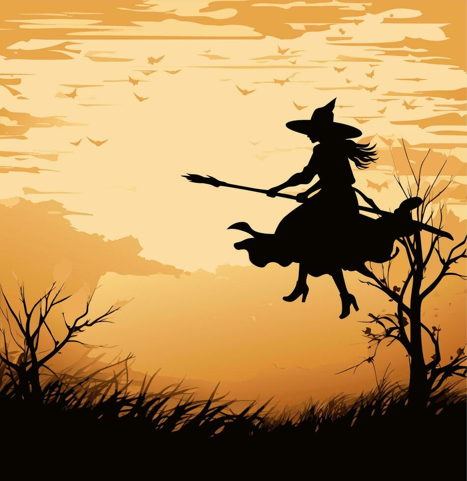 vector beautiful witch. flying witch with broom. black witch silhoutte vector illustration on yellow moon background.
