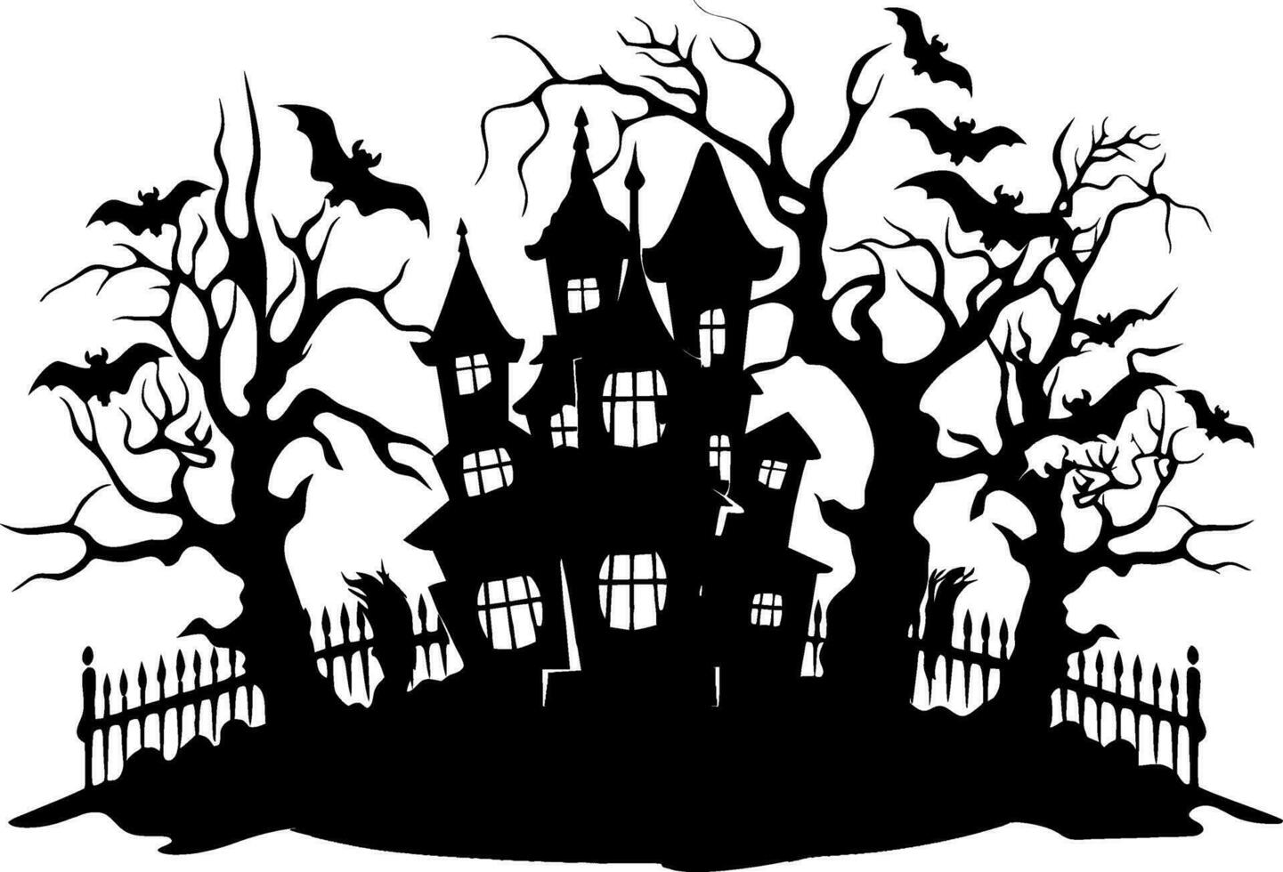 vector halloween castle landscape. black castle sillhouette. castle sillhouette with birds and trees vector illustration on white background.