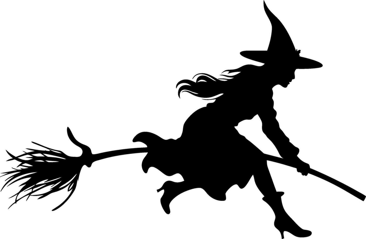 vector beautiful witch. flying witch with broom. black witch silhoutte vector illustration on white background.