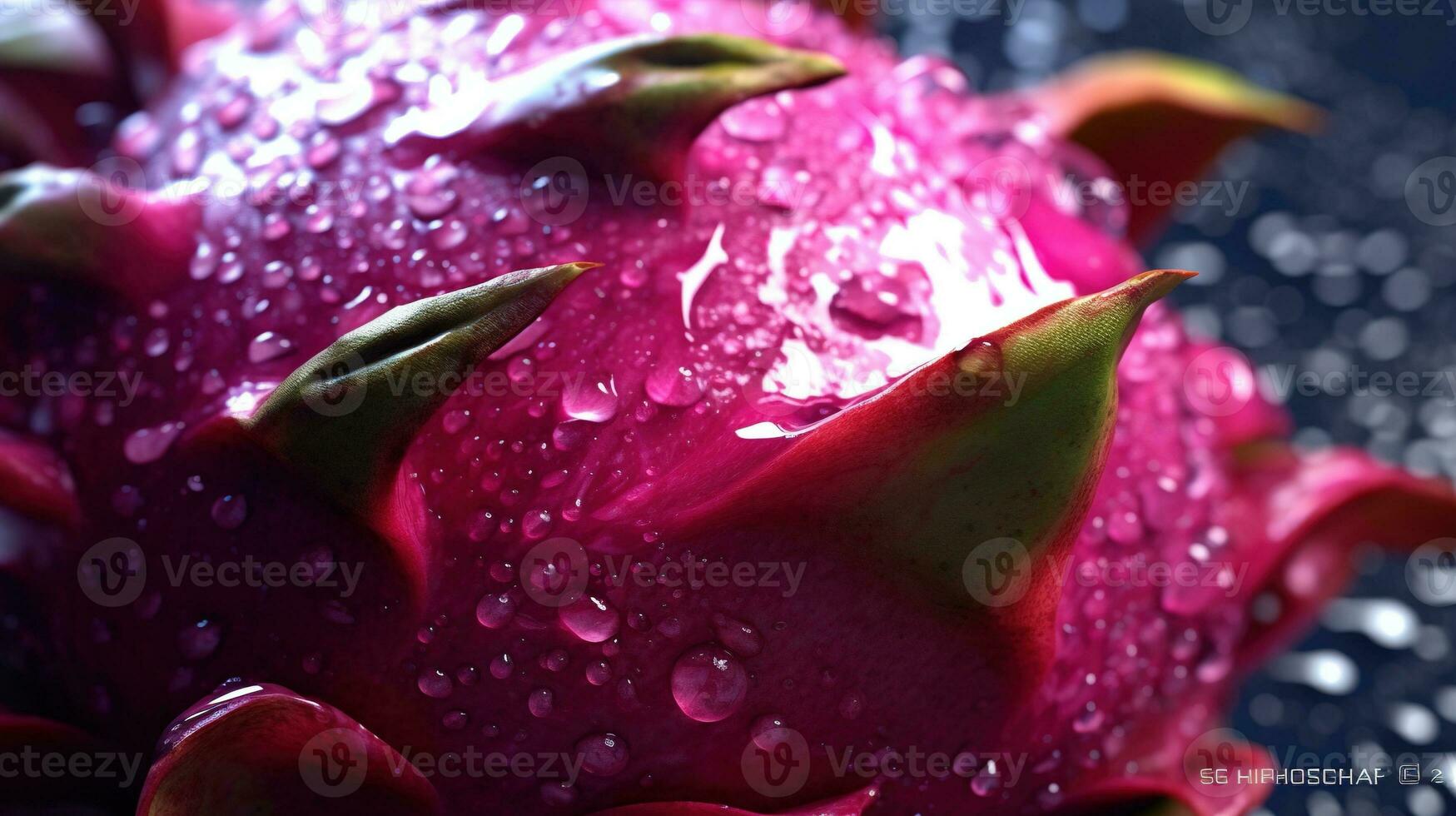 Generative AI, bright slice of juicy ripe dragonfruit and water drops, macro of summer fruit photo