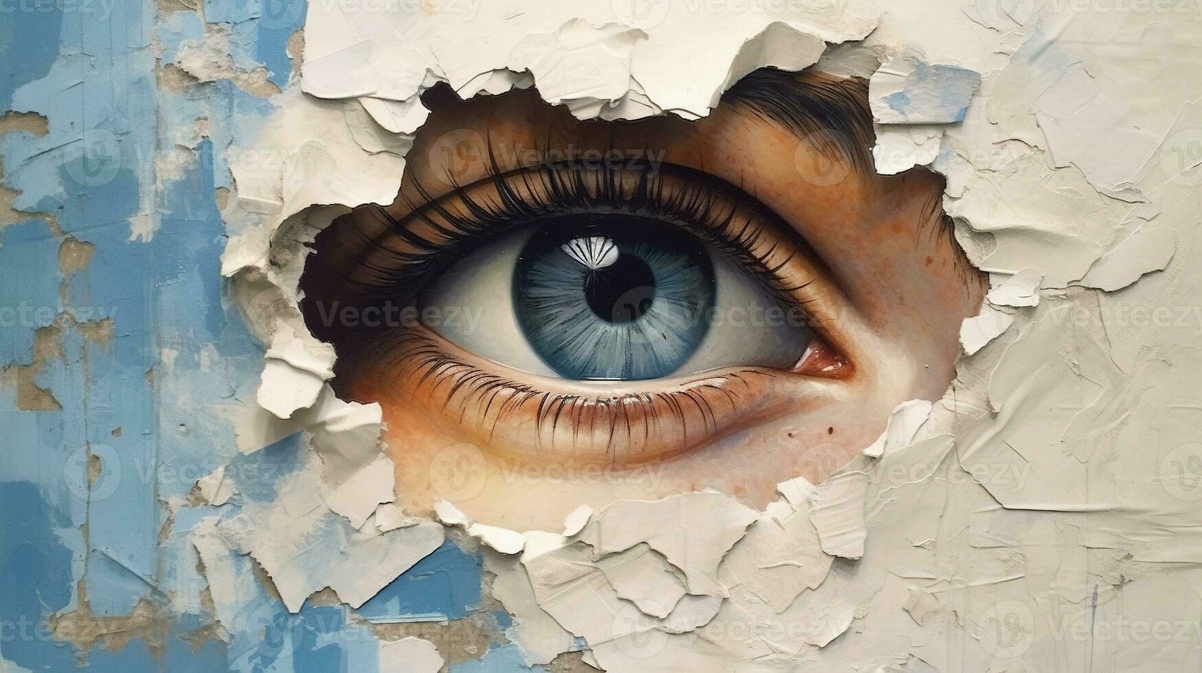 Generative AI, Woman eye looking through a torn hole in vintage paper, blue and beige colors mural. Painted hyperrealistic female art. photo