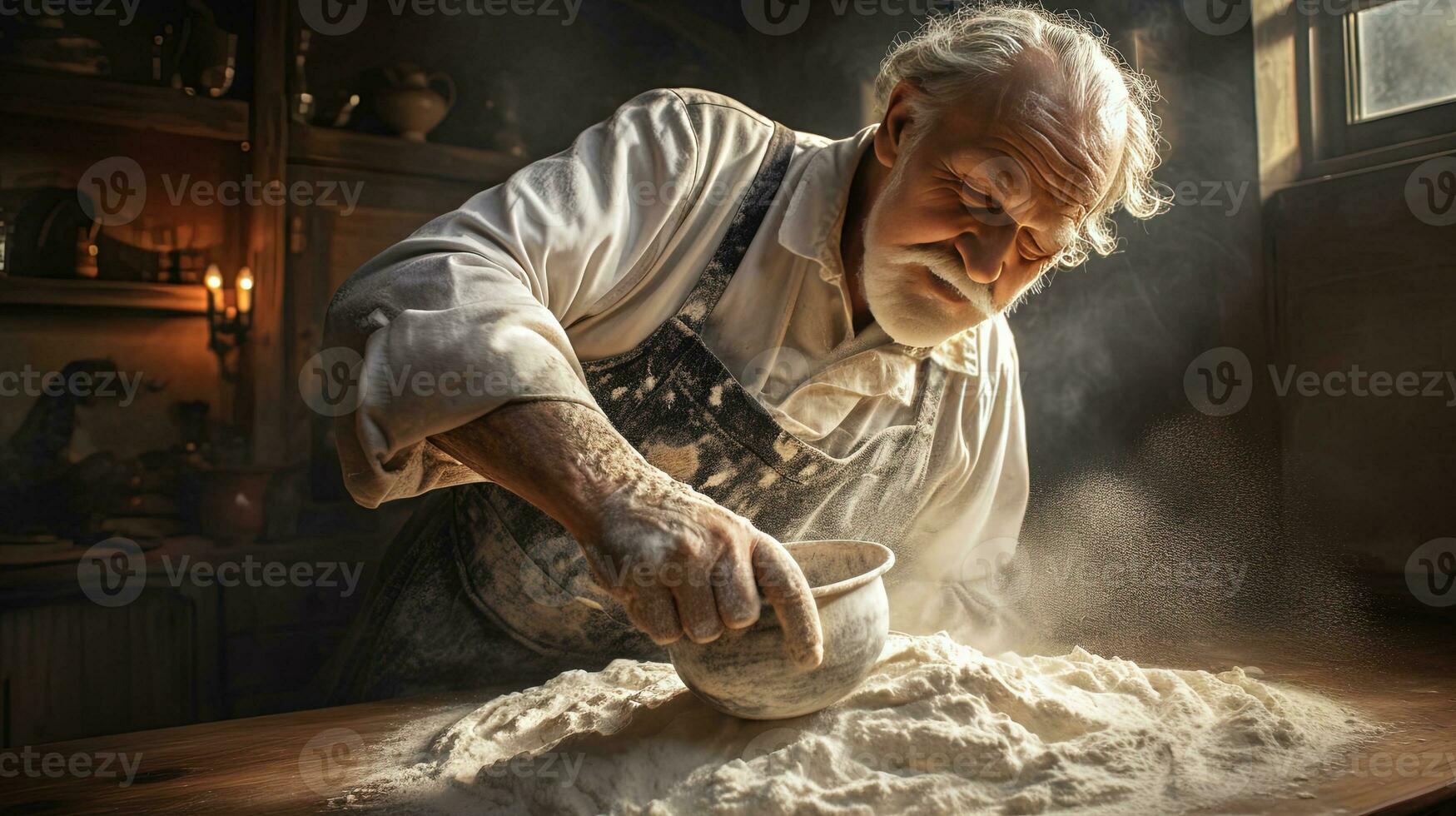 Generative AI, Old man hands of baker in restaurant or home kitchen, prepares ecologically natural pastries. photo