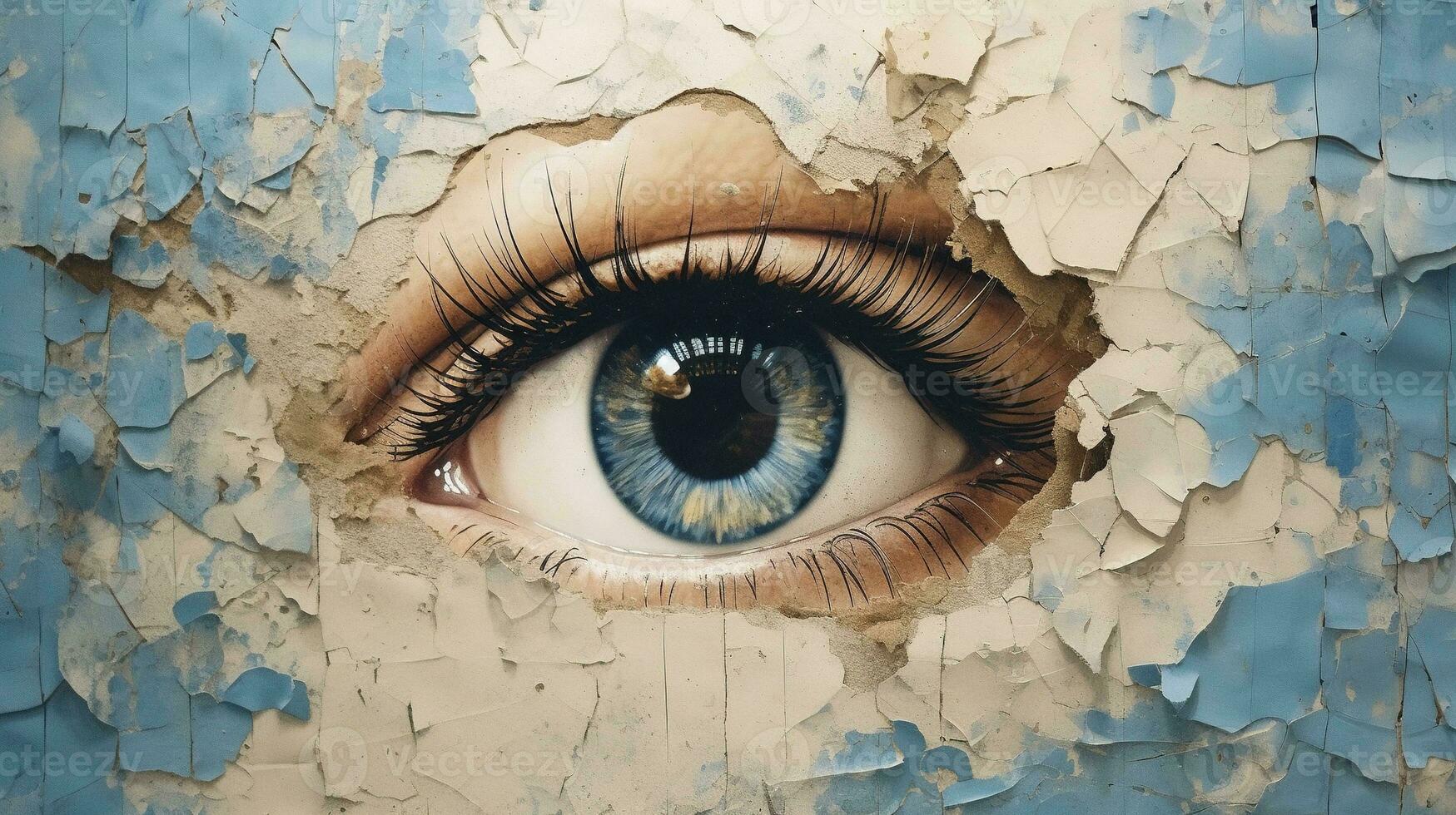 Generative AI, Woman eye looking through a torn hole in vintage paper, blue and beige colors mural. Painted hyperrealistic female art. photo