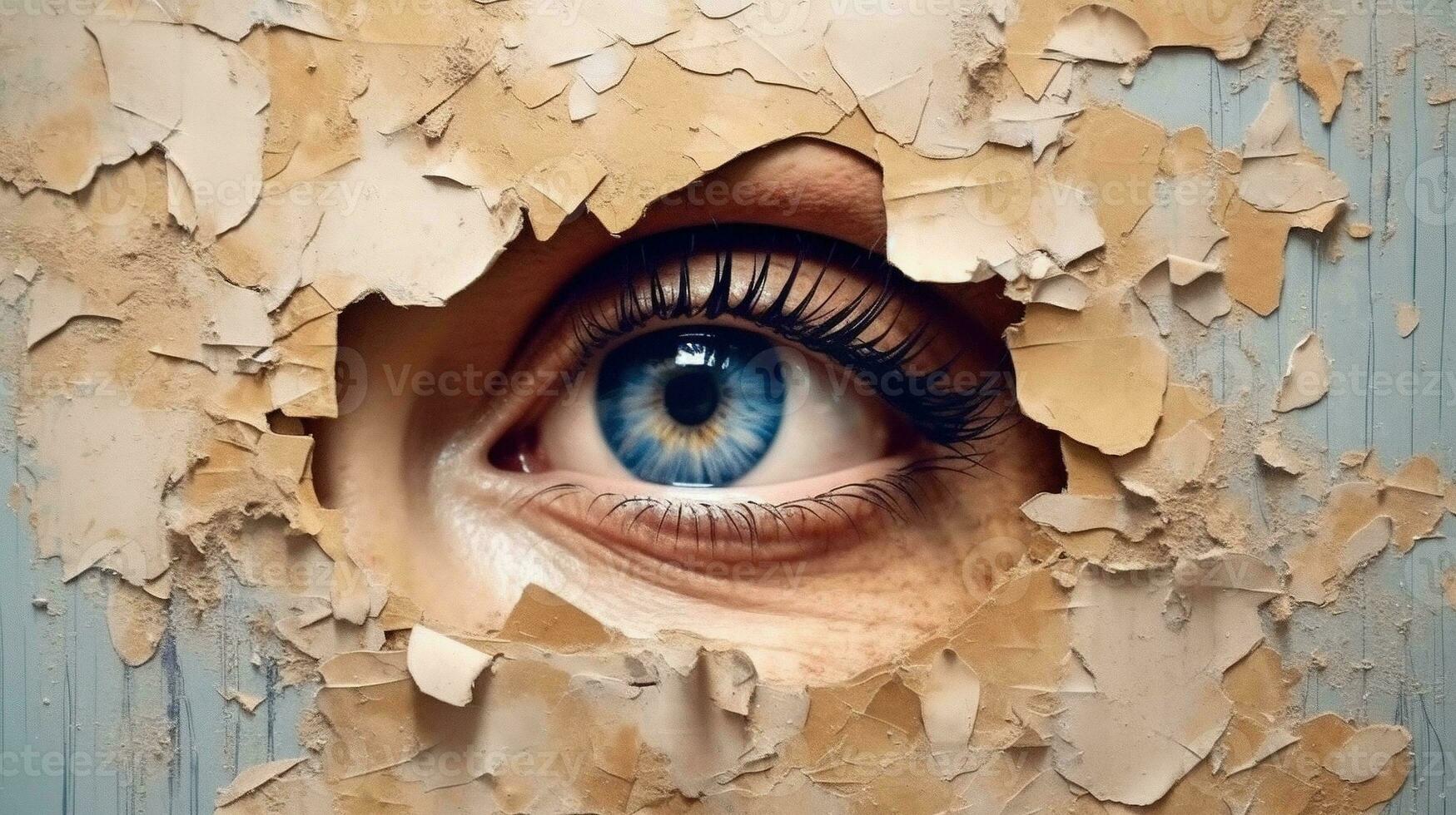 Generative AI, Woman eye looking through a torn hole in vintage paper, blue and beige colors mural. Painted hyperrealistic female art. photo