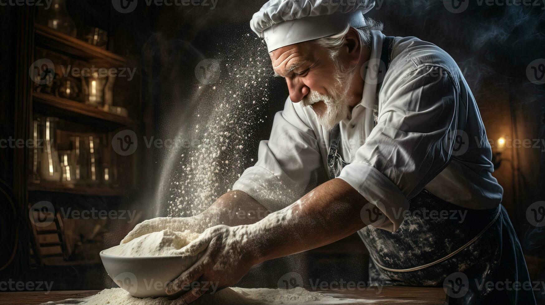 Generative AI, Old man hands of baker in restaurant or home kitchen, prepares ecologically natural pastries. photo