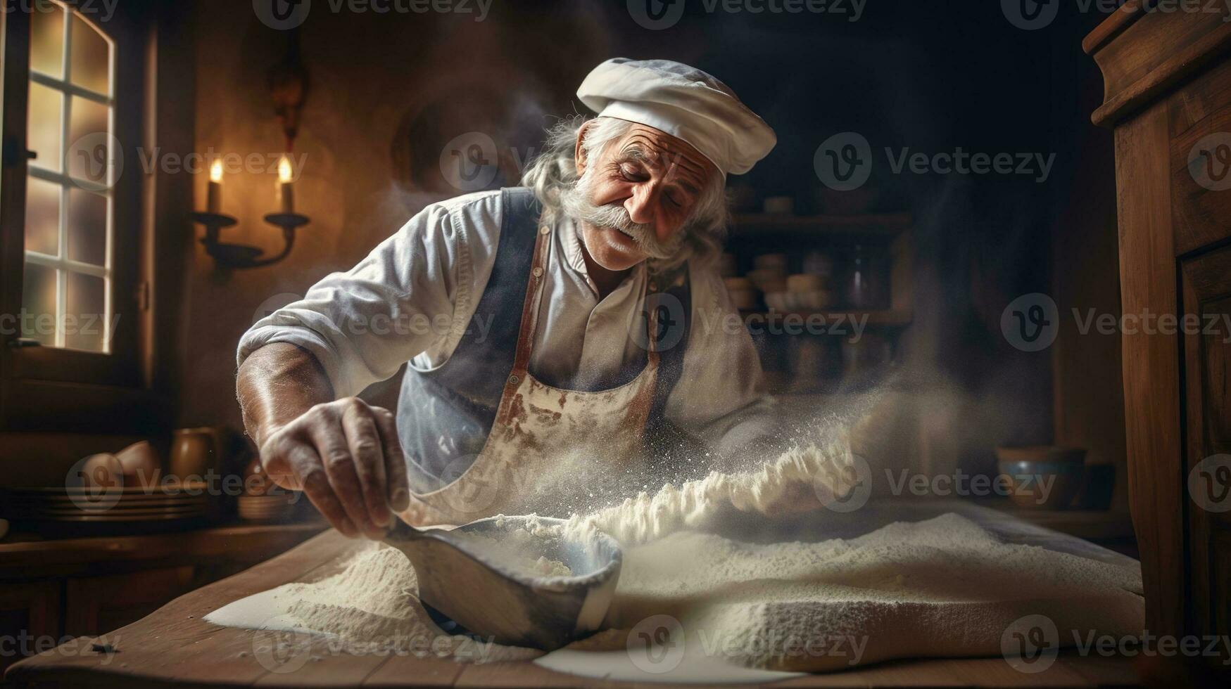 Generative AI, Old man hands of baker in restaurant or home kitchen, prepares ecologically natural pastries. photo