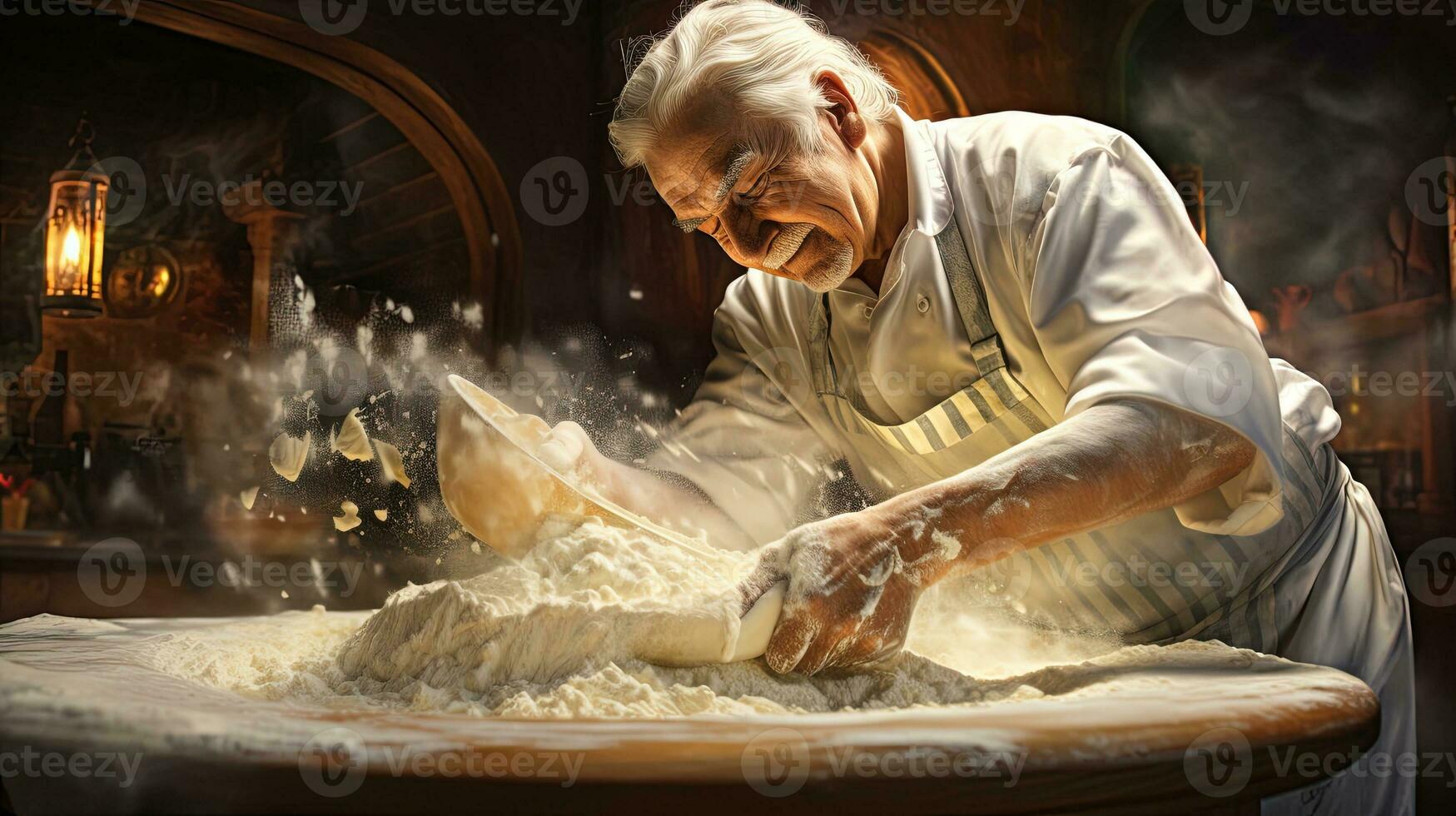 Generative AI, Old man hands of baker in restaurant or home kitchen, prepares ecologically natural pastries. photo