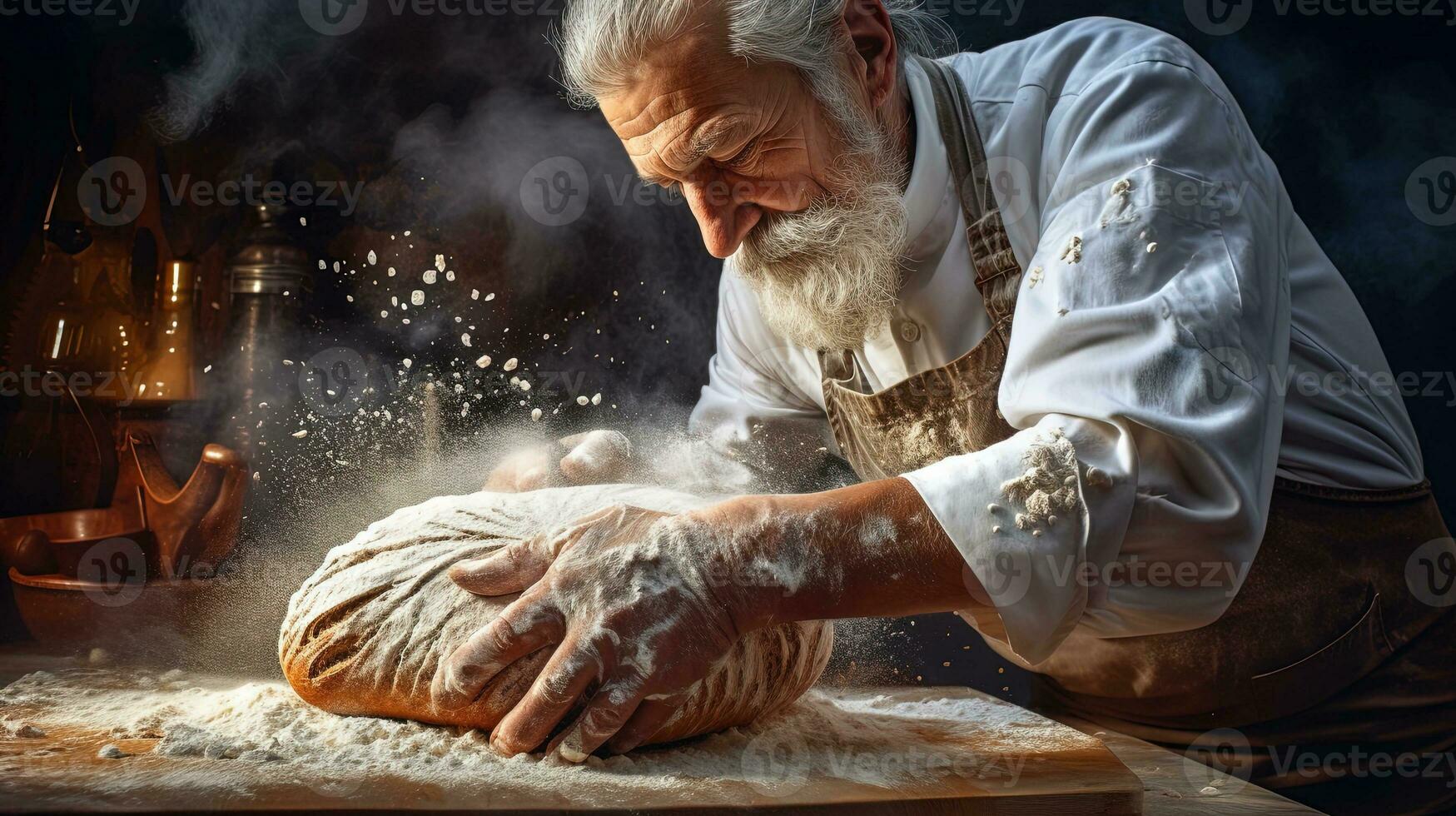 Generative AI, Old man hands of baker in restaurant or home kitchen, prepares ecologically natural pastries. photo