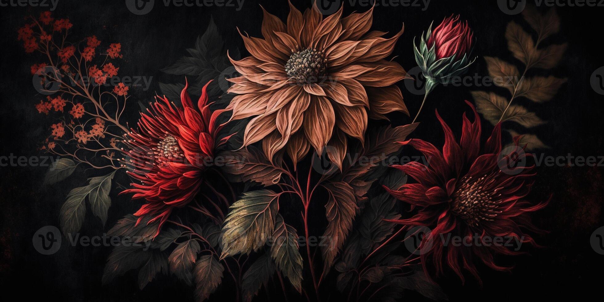 , Close up of blooming flowerbeds of amazing red color flowers on dark moody floral textured background. Photorealistic effect.. photo