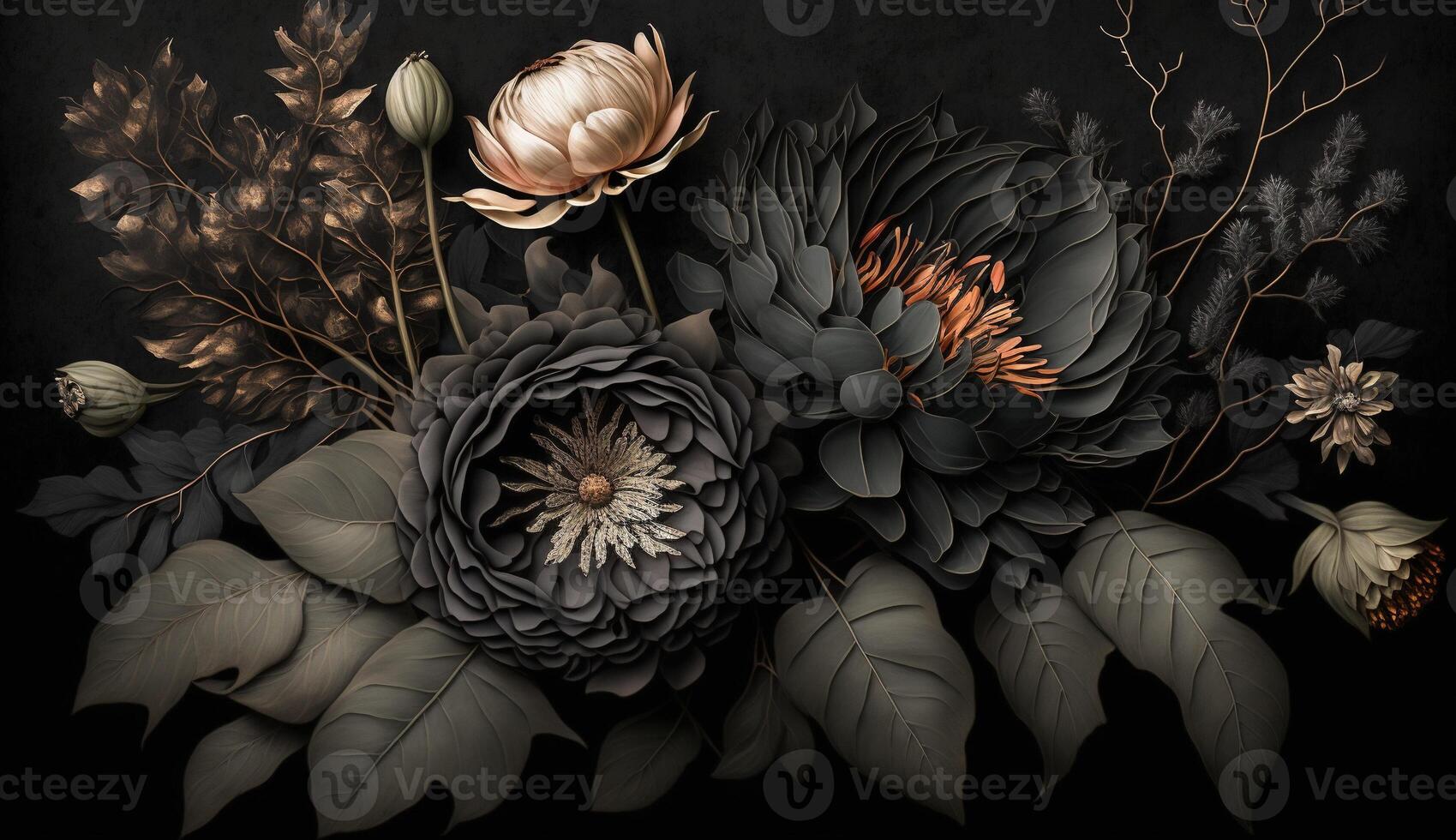 Generative AI, Close up of blooming flowerbeds of amazing black flowers on dark gothic moody floral textured background. Photorealistic effect. photo