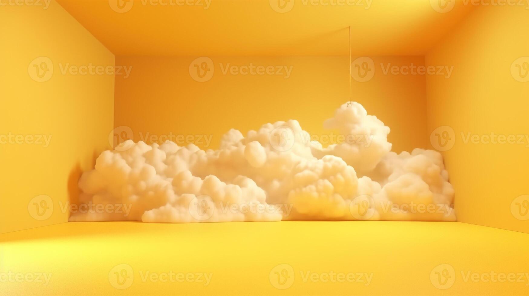 Generative AI, Light yellow fantastic 3d clouds on the floor, sky and landscape. Gentle colors and with bright lights. photo