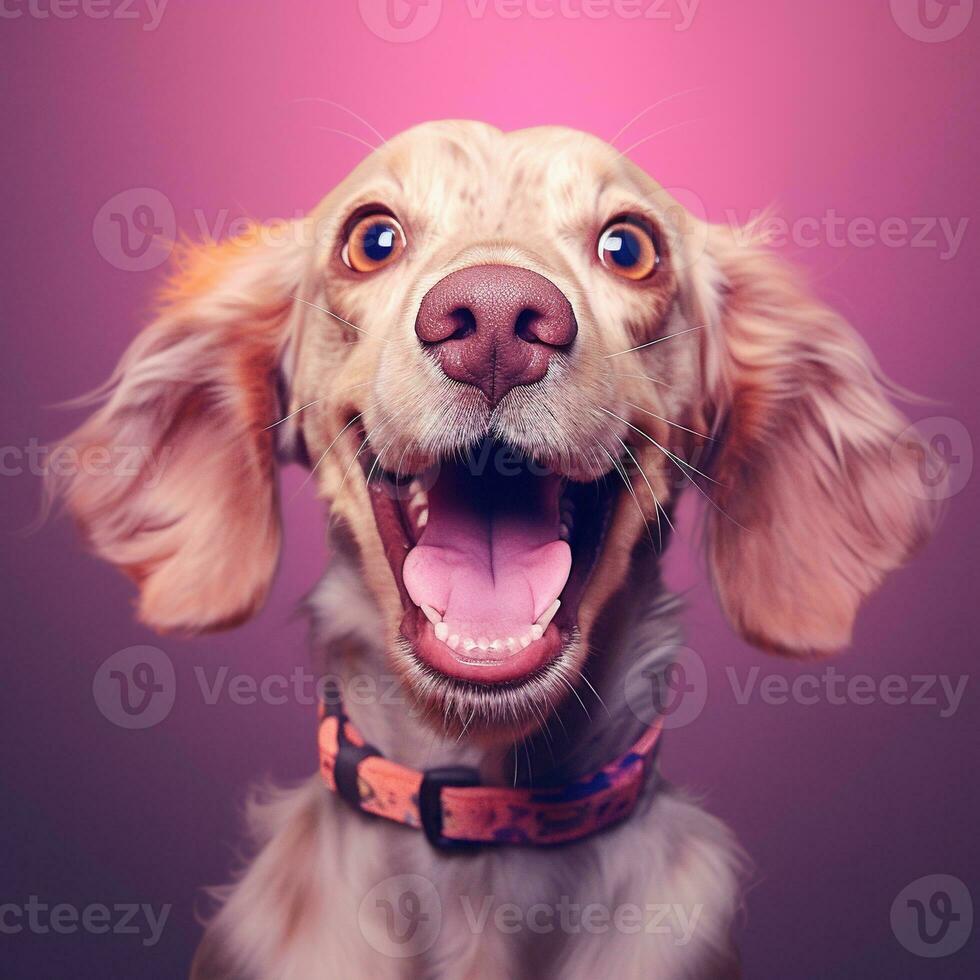 Generative AI, Portrait of a happy dog looking at the camera with mouth open on pink background photo