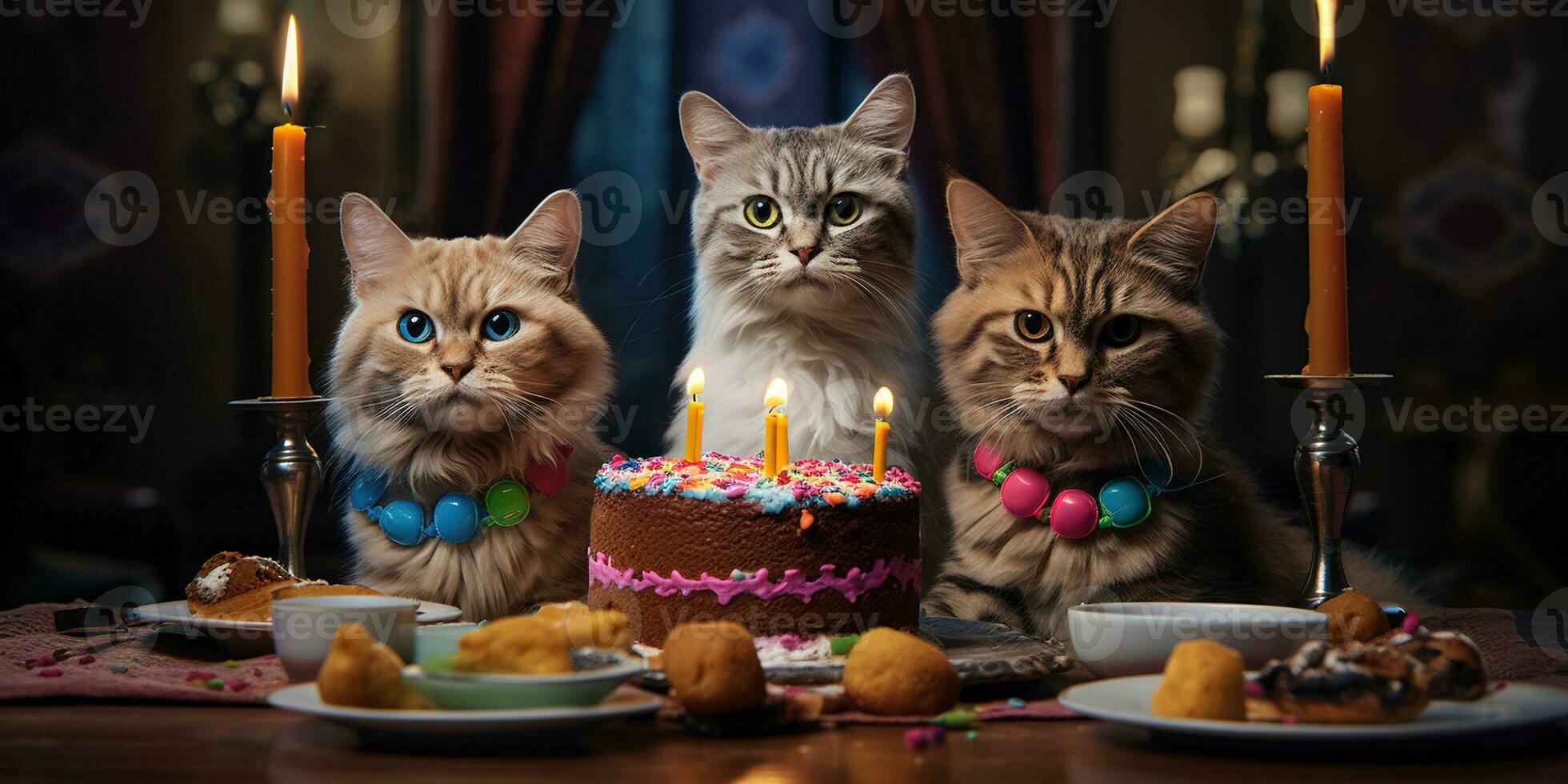 Generative AI, Cat birthday party, cake with a candles photo