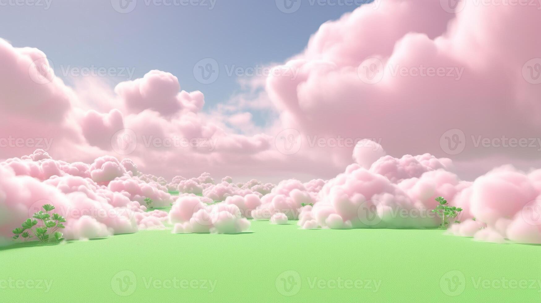 , Pink and green fantastic 3d clouds on the floor, sky and landscape. Gentle colors and with bright lights. photo