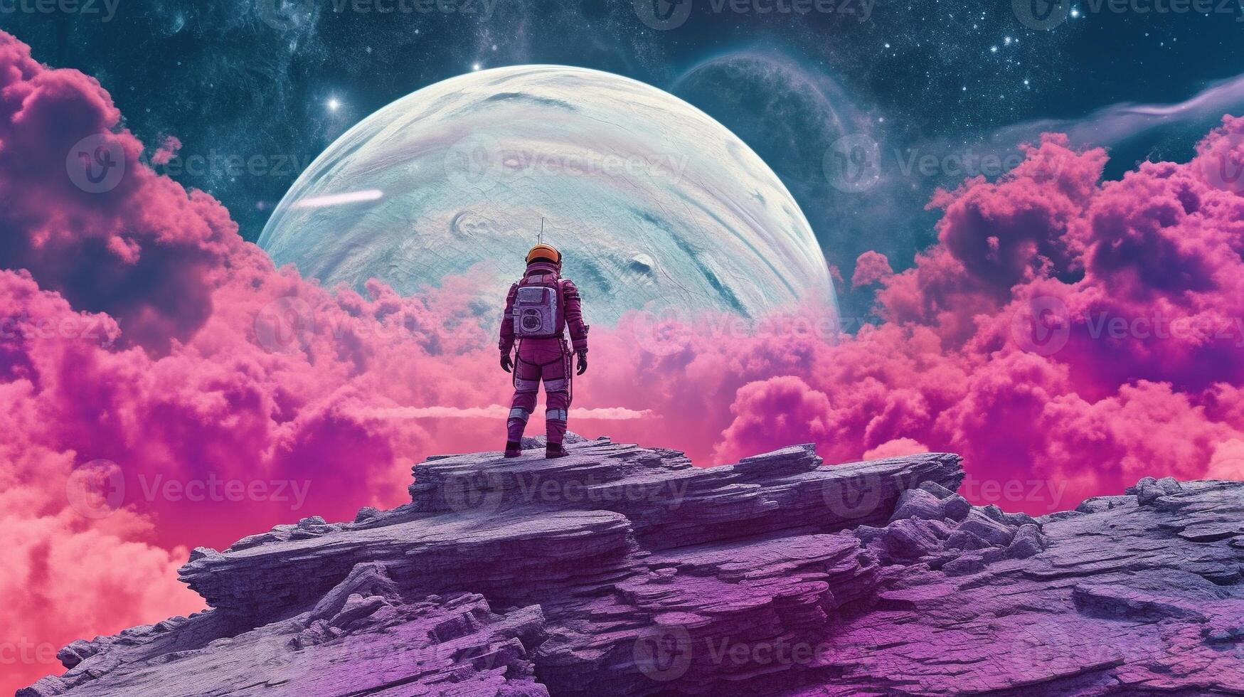 , Psychedelic Space banner template, nostalgic 80s, 90s background. Horizontal illustration of the future landscape with mountains, planets, trees, moon. Surrealist escapism concept. photo