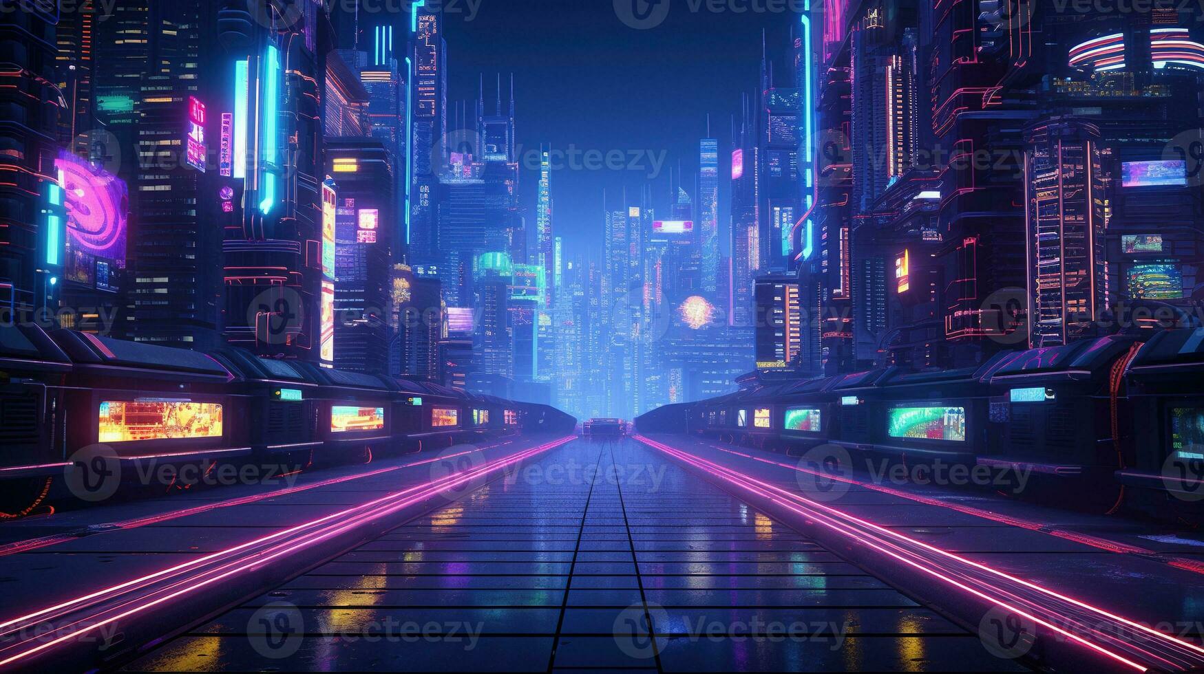 Generative AI, Night scene of city in cyberpunk style, futuristic. Neon lights vibrant colors, photorealistic horizontal illustration. photo